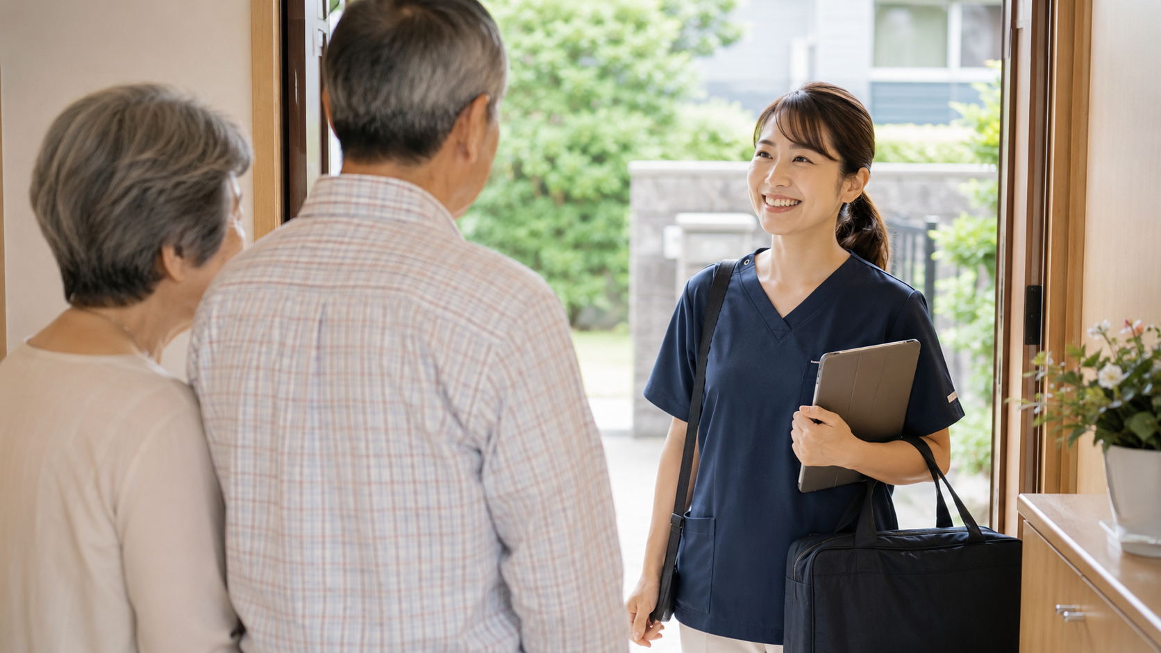 玄関先で利用者夫婦を訪問する看護師